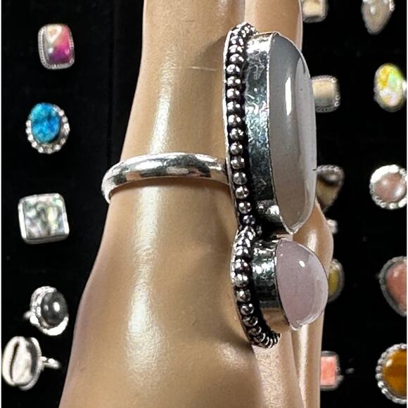 💕 Rainbow moonstone and rose quarts 2 stone ring silver plated 9 to 5 size 7.5 - Picture 4 of 4
